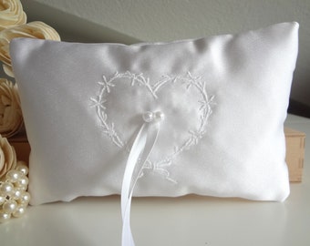 White satin ring bearer pillow, luxury ring pillow with embroidery, embroidered heart wedding ring pillow, pillow ring, ring cushion wedding