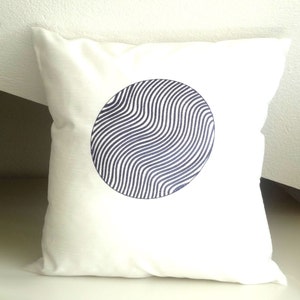 White geometric decorative pillow, White and Blue Circle Embroidery Throw Pillow Cover, 16x16 inches, Minimal Decorative Throw Pillow,