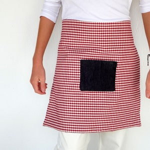 Reversible apron in denim and vichy cotton fabric on the pocket and other side image 2