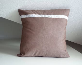 Brown cushion cover with lace decoration, pillow cover, 16x16