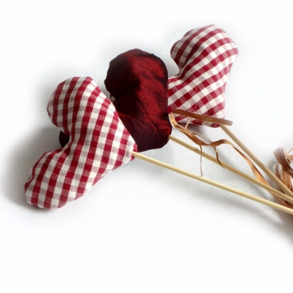 hearts bouquet - 2 red white gingham hearts plus 1 burgundy heart