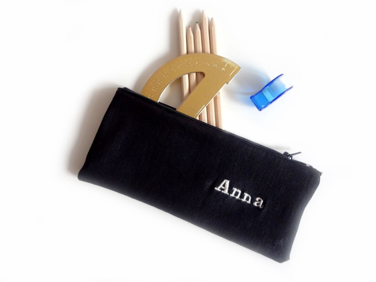 Pencil Case Name Personalised Black Fabric Pouch With Zip Etsy