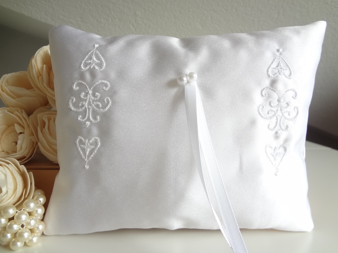 White Satin Ring Bearer Pillow, Luxury Ring Pillow With Embroidery