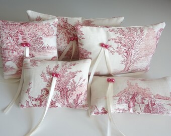 Ring bearer pillows, red Toile de Jouy, Wedding ring cushion, vintage wedding,  Romantic wedding pillow