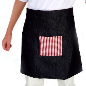 Reversible apron in denim and vichy cotton fabric on the pocket and other side image 1