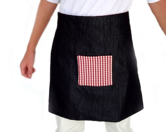 Reversible apron  in denim and vichy cotton fabric on the  pocket and other side