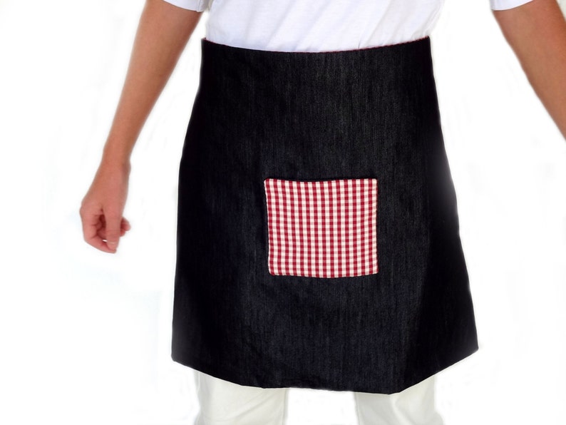 Reversible apron in denim and vichy cotton fabric on the pocket and other side image 1