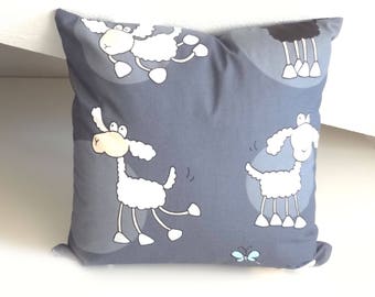 Kid cushion with sheep, decorative pillow, child pillow, grey pillow, OOAK