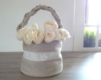 Rustic wedding flower basket linen ecru natural color, Flower girl basket