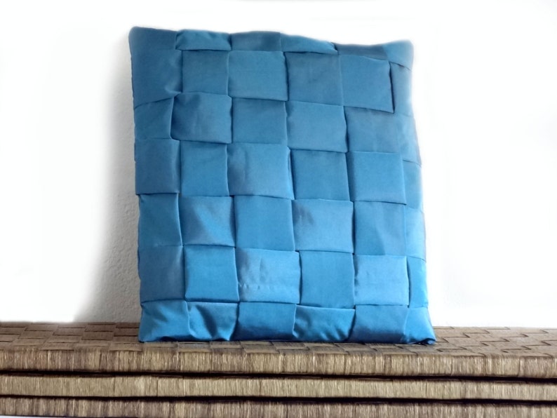Braided pillow, taffeta cushion, cushion cover in blue taffeta, 15x15 inches image 2