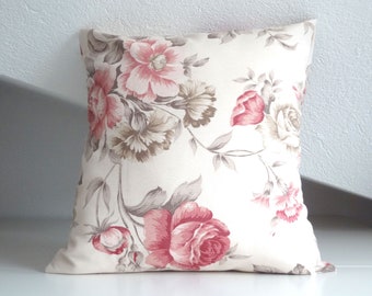 Pillow Cover, cottage chic, cushion cover, pillow case, 16 x 16, Pink, Grey, Roses Pillow Cover, Roses Cushion Cover