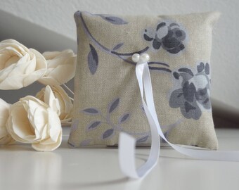 Wedding Ring Bearer Pillow, Grey and purple Vintage Styled, Floral Vintage Ring pillow, Ring holder