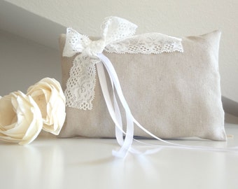 Wedding pillow for ring bearer natural linen and lace