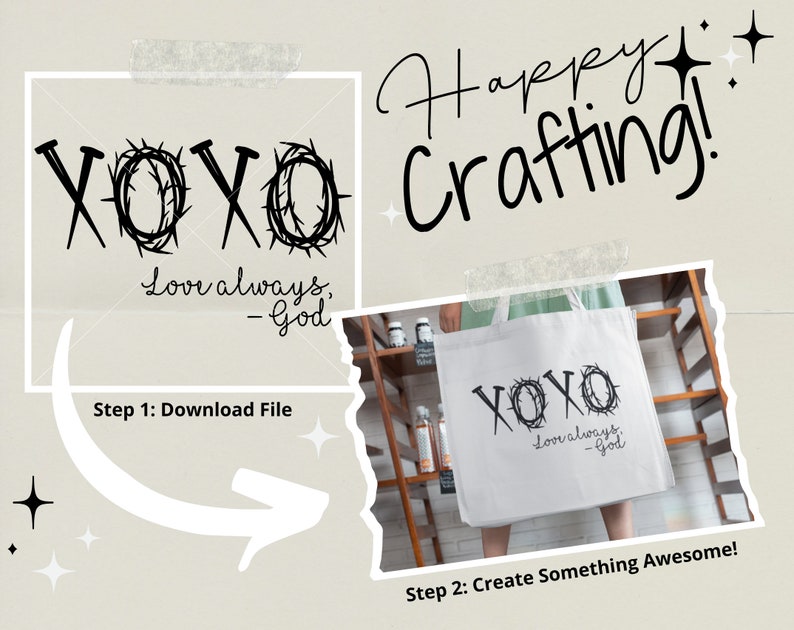 May include: A black and white graphic design of the letters XOXO with a crown of thorns around each letter. The text "Love always, -God" is below the letters. The graphic is on a white tote bag.