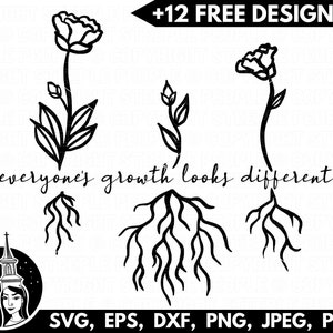 Op de afbeelding: Zwart-witte illustratie van drie gestileerde bloemen met wortels. De tekst "everyone's growth looks different" staat onder de bloemen.