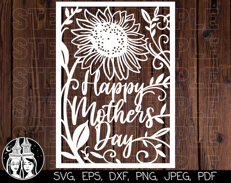 Pu&ograve; includere: Silhouette bianca di un girasole con viti floreali e il testo "Happy Mother's Day".
