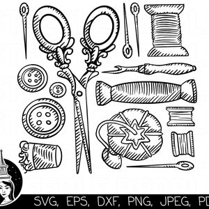 Puede incluir: Un dibujo en blanco y negro de suministros de costura, que incluye tijeras, carretes de hilo, botones, agujas y un dedal.