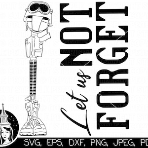 Puede incluir: Descarga digital en blanco y negro de un monumento a un soldado caído con un rifle, botas y casco. El texto "Let us not forget" está escrito verticalmente en el lado derecho de la imagen.