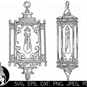 Könnte beinhalten: Zwei Schwarzweiß-Zeichnungen von verzierten, antiken Laternen mit jeweils einer Glühbirne. Die Laternen haben ein dekoratives, geschwungenes Design.