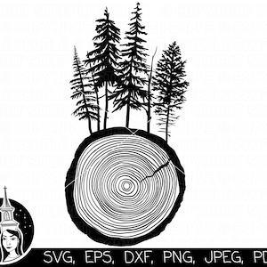 May include: Black and white silhouette of a tree stump with tree rings and five pine trees growing out of the top.