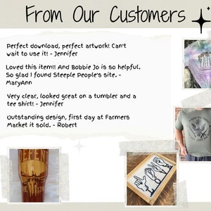 May include: A collage of customer reviews and images of products sold on Etsy. The reviews highlight the quality of the products and the helpfulness of the seller. The images show a wooden tumbler with a skull design, a sign with the word "love" in sign language, a tie-dye shirt with the word "Faith" on it, and a green t-shirt with a patriotic design.