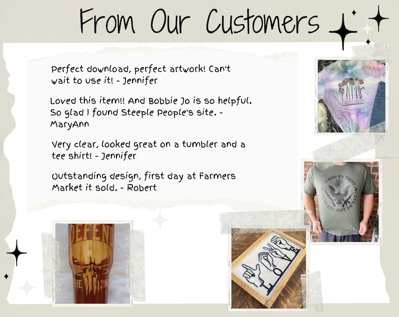 May include: A collage of customer reviews and images of products sold on Etsy. The reviews highlight the quality of the products and the helpfulness of the seller. The images show a wooden tumbler with a skull design, a sign with the word "love" in sign language, a tie-dye shirt with the word "Faith" on it, and a green t-shirt with a patriotic design.