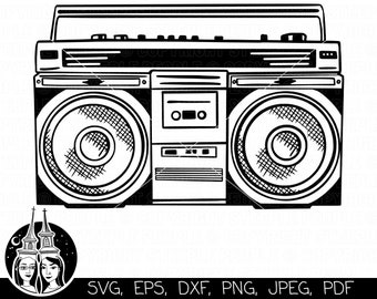 May include: A black and white line drawing of a vintage boombox with two large speakers, a cassette player, and a radio tuner.