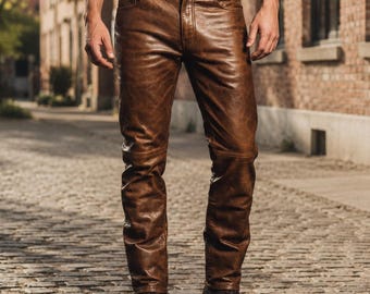 Pantalones de motociclista ajustados de piel de cordero marrón envejecida para hombre, hechos a mano.