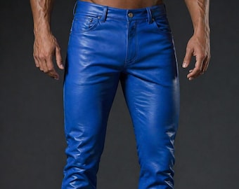 Męskie, królewskie, niebieskie, skórzane, miękkie spodnie motocyklowe w stylu motocyklowym, z jagnięcej skóry, dopasowane