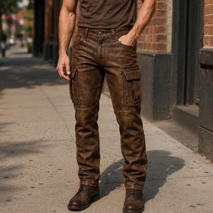 Puede incluir: Pantalones cargo de cuero marrón oscuro con acabado desgastado, cierre de botón y cremallera, trabillas para cinturón y dos grandes bolsillos laterales tipo cargo con solapa. Los pantalones tienen costuras reforzadas en las rodillas.