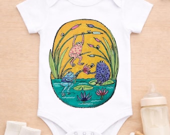 Frogs at Play Baby Bodysuit  – Whimsical Garden Animal Clothes, 100% Cotton One Piece, Baby Shower Gift