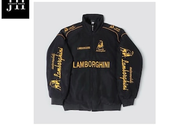 Giacca da corsa Lamborghini vintage nera con logo oro, streetwear, motorsport, bomber, biker, stile Y2K, oversize, unisex