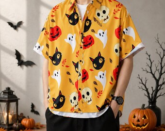 Camicia da uomo di Halloween con bottoni e stampa di fantasmi, zucche, gatti e pipistrelli, costume tropicale.