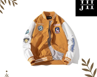 Giacca bomber unisex stile college con patch NASA, ideale per lo streetwear, casual e leggera, perfetta per il baseball.
