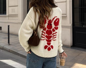 Maglione oversize in maglia con stampa aragosta, comodo pullover invernale morbido e spesso per donna.