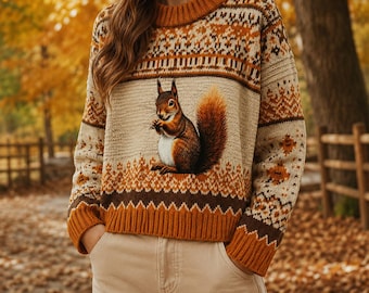 Maglione lavorato a maglia con motivo scoiattolo del bosco, comodo pullover autunnale da donna