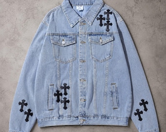 Giacca di jeans oversize stile streetwear grunge anni 2000 con croce gotica vintage, cappotto da camionista