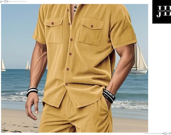 Completo estivo da uomo in lino, composto da camicia a maniche corte e pantaloncini, abbigliamento casual da spiaggia.