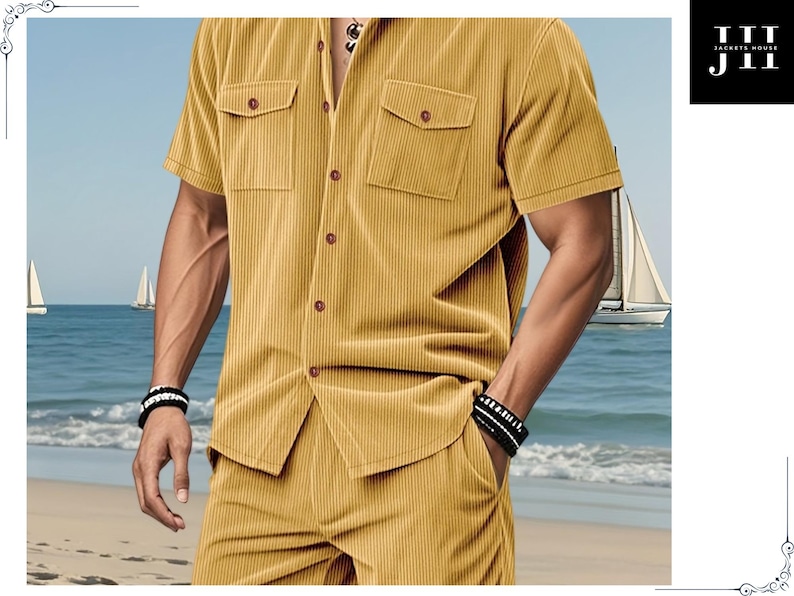 May include: Mustard yellow corduroy shirt and matching shorts set. The short-sleeved shirt has two chest pockets and brown buttons. The shorts have pockets. The background shows a beach with sailboats and the ocean.