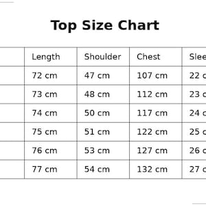 May include: A white chart titled "Top Size Chart" with size measurements in centimeters. The chart includes sizes S, M, L, XL, 2XL, and 3XL, with corresponding measurements for length, shoulder, chest, and sleeve.