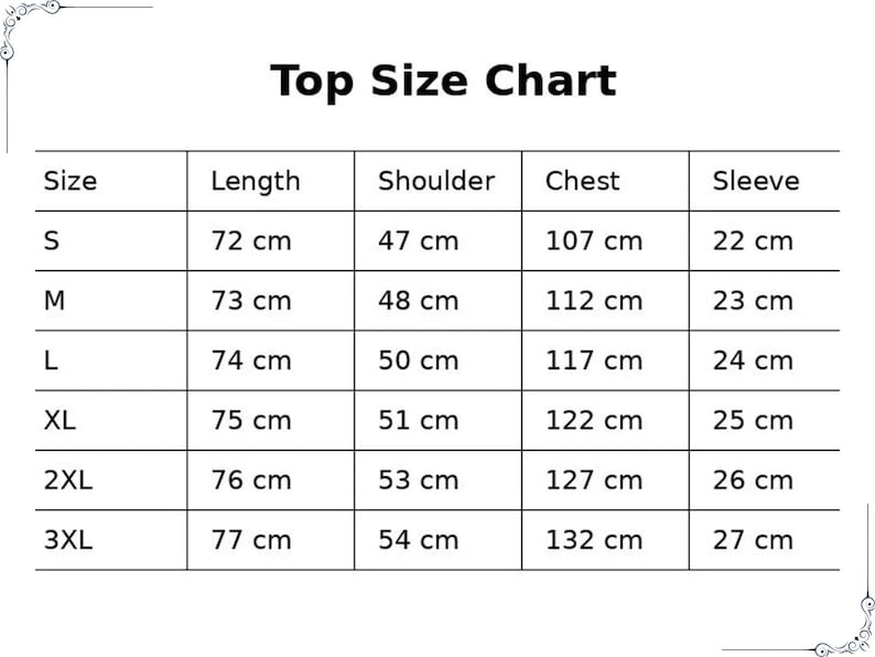 May include: A white chart titled "Top Size Chart" with size measurements in centimeters. The chart includes sizes S, M, L, XL, 2XL, and 3XL, with corresponding measurements for length, shoulder, chest, and sleeve.