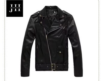 Giacca da motociclista da uomo in ecopelle lavata nera, vestibilità slim, streetwear, con cintura e cerniera.