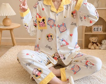Set pigiama da donna con cartoni animati, stile kawaii, in cotone, comodo per rilassarsi, ideale come regalo.
