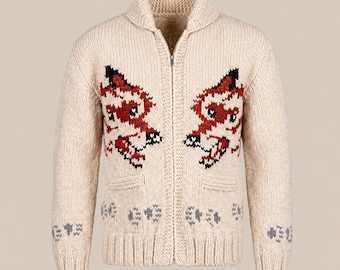 Cárdigan de punto con estampado de zorro para mujer, estilo vintage, con cremallera, acogedor, de invierno.