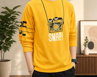 Felpa da uomo con stampa grafica "Cat Camera", streetwear, oversize, unisex, maniche lunghe.