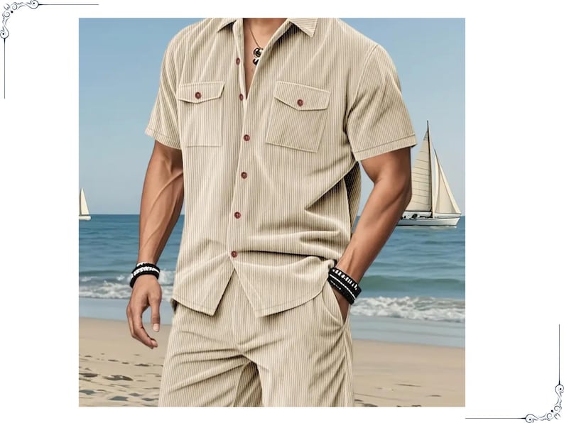 May include: Beige corduroy shirt and shorts set. The short-sleeved shirt has two chest pockets and brown buttons. The shorts have pockets. The background shows a beach scene with sailboats.