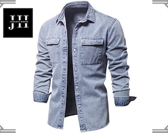 Giacca-camicia in denim casual slim fit con bottoni, abbigliamento streetwear da uomo