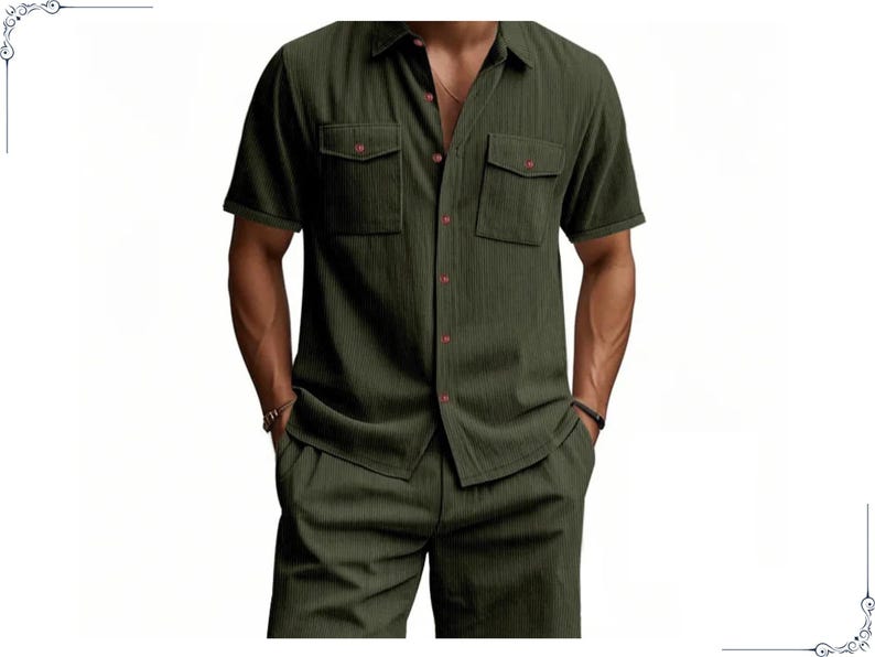 May include: Olive green short-sleeved shirt and matching pants set. The shirt has two chest pockets and red buttons. The fabric has a vertical striped texture. The outfit is a casual, coordinated ensemble.