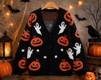 Halloween Ghost Pumpkin Cardigan Oversized Knit Sweater Cozy Fall Cardigan Gift