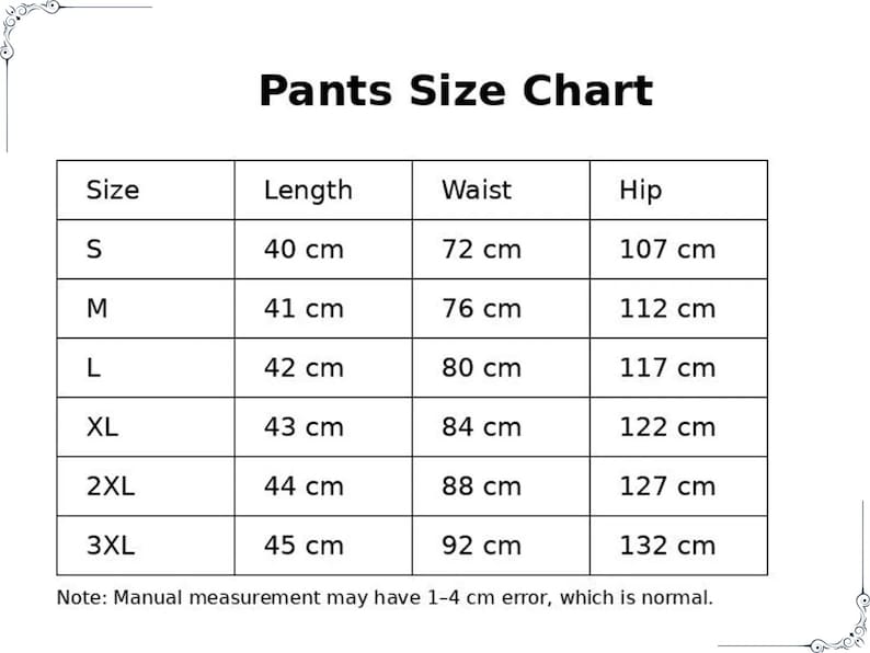 May include: A white chart titled "Pants Size Chart" with size measurements in centimeters. Sizes range from S to 3XL, with corresponding lengths, waist, and hip measurements. A note indicates a possible 1-4 cm error.